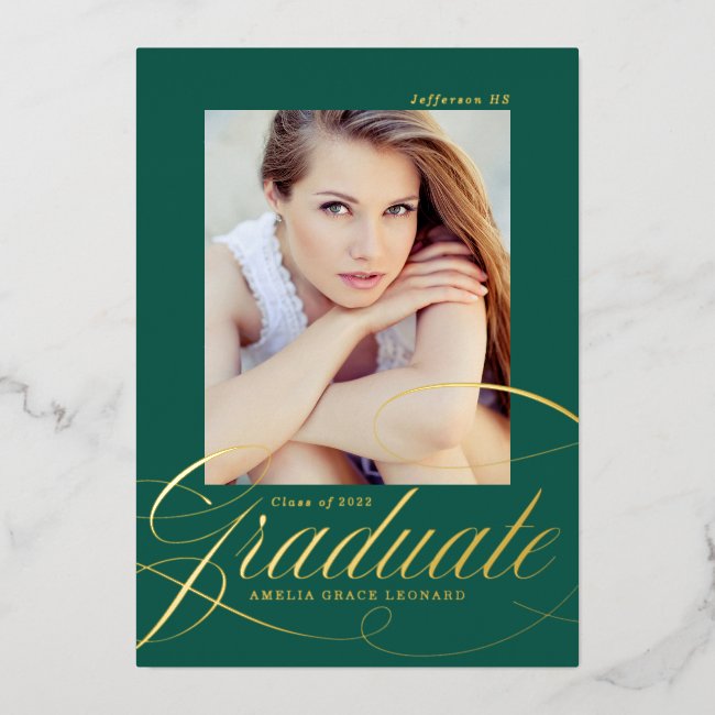 Green and Gold Script Graduation Announcement