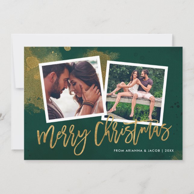 Green and Gold Script Merry Christmas 2 Photo Holiday Card (Front)