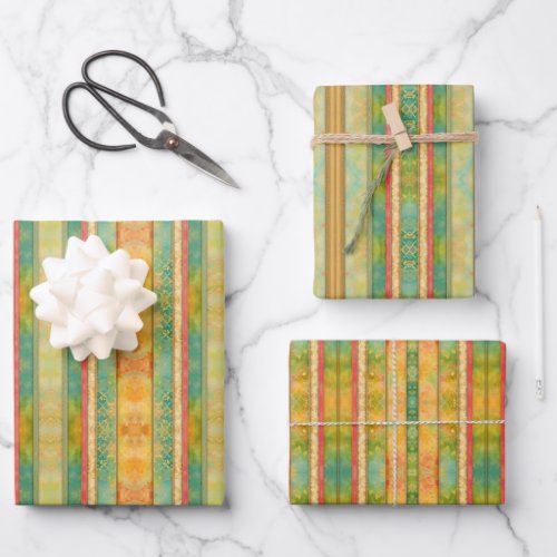 Green and Gold Shabby Chic Watercolor Stripes Wrapping Paper Sheets