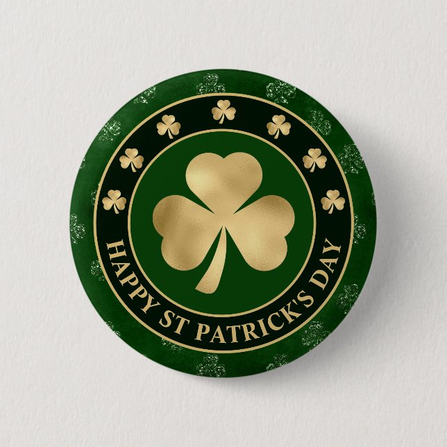 Green and Gold Shamrock Clover St Patrick's Day Button (Front)