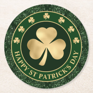Green and Gold Shamrock Clover St Patrick's Day Round Paper Coaster