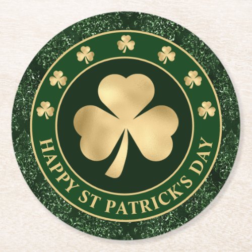 Green and Gold Shamrock Clover St Patricks Day Round Paper Coaster