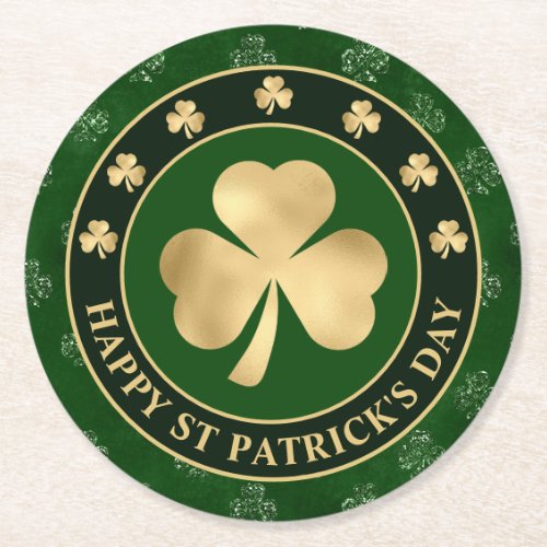 Green and Gold Shamrock Clover St Patricks Day Round Paper Coaster