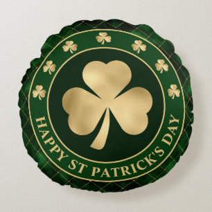 Green and Gold Shamrock Clover St Patrick's Day Round Pillow