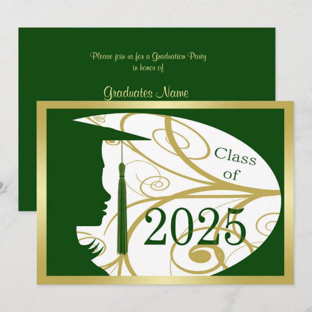 Green and Gold Silhouette 2025 Graduation Party Invitation (Front/Back)