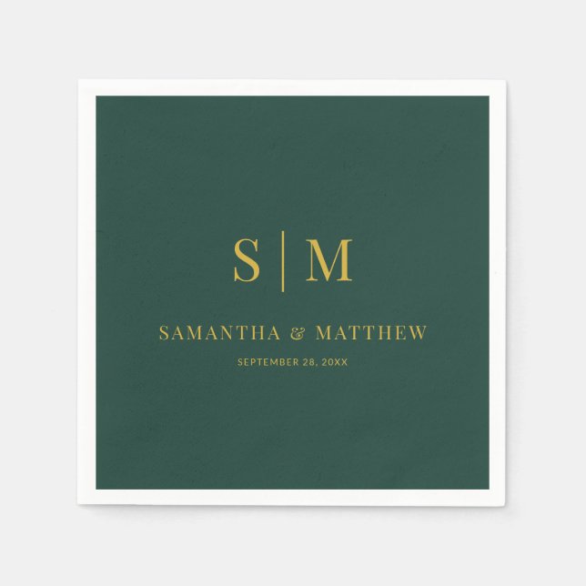 Green and Gold Simple Couple Initials Wedding Napkins (Front)
