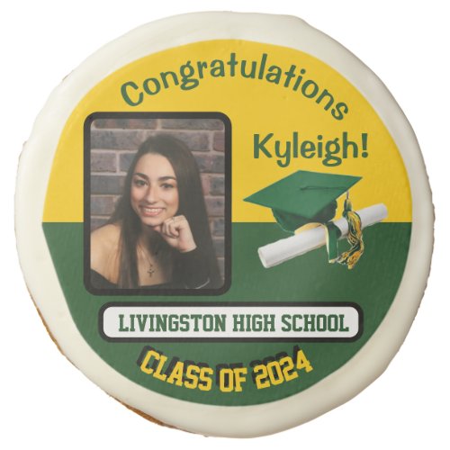 Green and Gold Small Photo Graduation Sugar Cookie