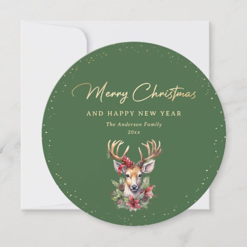 Green and Gold Snow Deer Merry Christmas Holiday Card