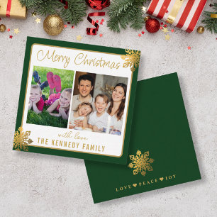 Green And Gold Snowflake 2 Photo Mini Christmas Note Card