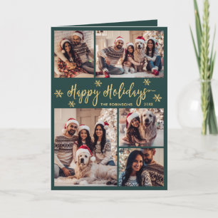 Green and Gold Snowflake 6 Photo Collage Happys Holiday Card
