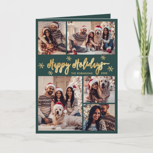 Green and Gold Snowflake 6 Photo Collage Happys  Holiday Card (Front)