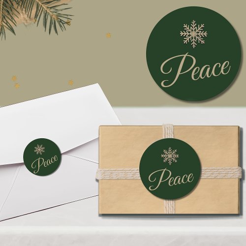 Green and Gold Snowflake Peace Holiday Classic Round Sticker