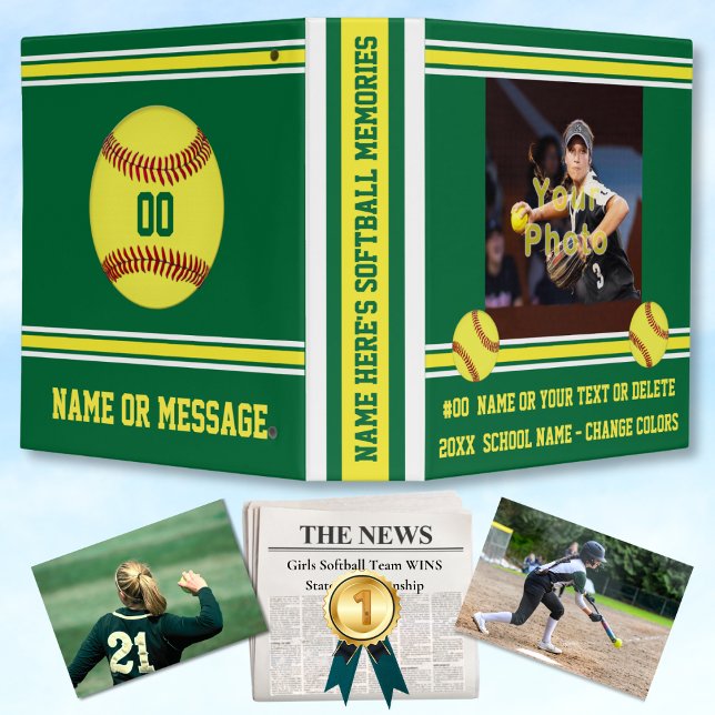 Green and Gold, Softball Photo Album Binder (Softball Photo Album with Player's Picture or Team Photo. Senior Night Softball. Softball Binder.)
