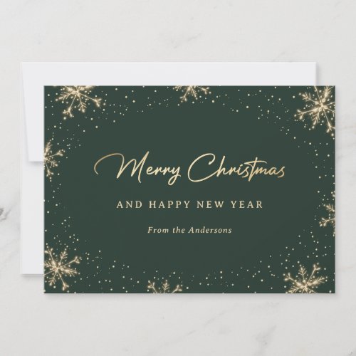 Green and Gold Sparkling Snowflakes Holiday Card