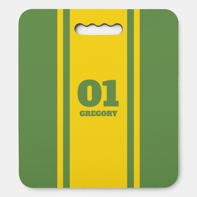 Green and Gold Sports Stripe Name & Number Seat Cushion (Front Vertical)