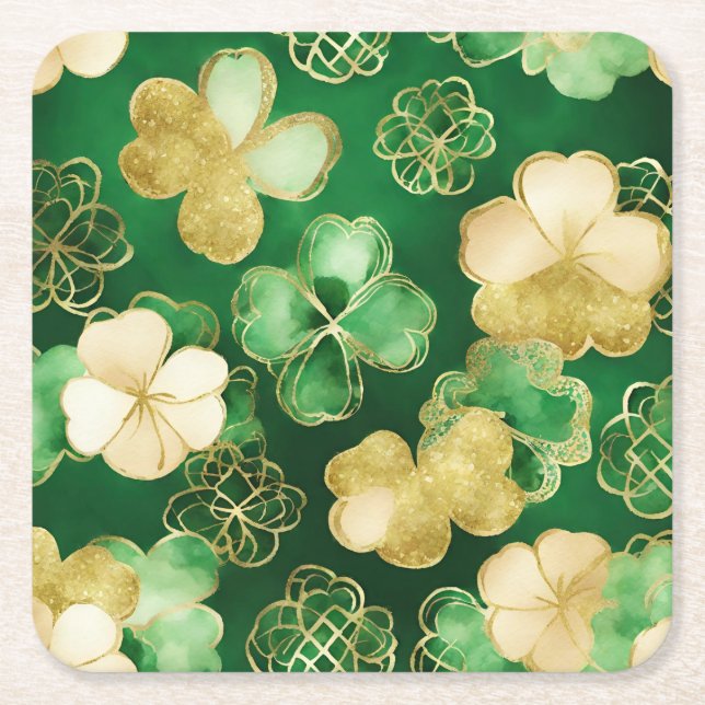 Green and Gold St Patrick's Day Shamrock Square Paper Coaster (Front)