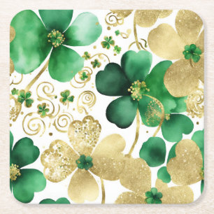 Green and Gold St Patrick's Day Shamrock Square Paper Coaster