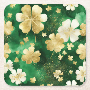 Green and Gold St Patrick's Day Shamrock Square Paper Coaster