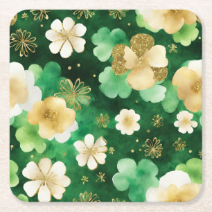 Green and Gold St Patrick's Day Shamrock Square Paper Coaster