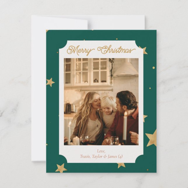 Green and Gold Star Holiday Photo Card (Front)