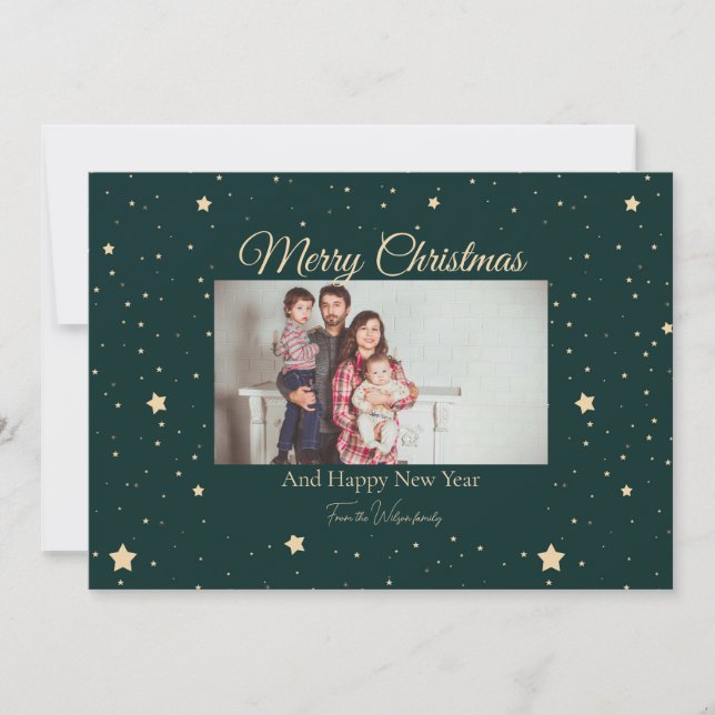 Green and Gold Starry Night Photo Christmas  Holiday Card (Front)