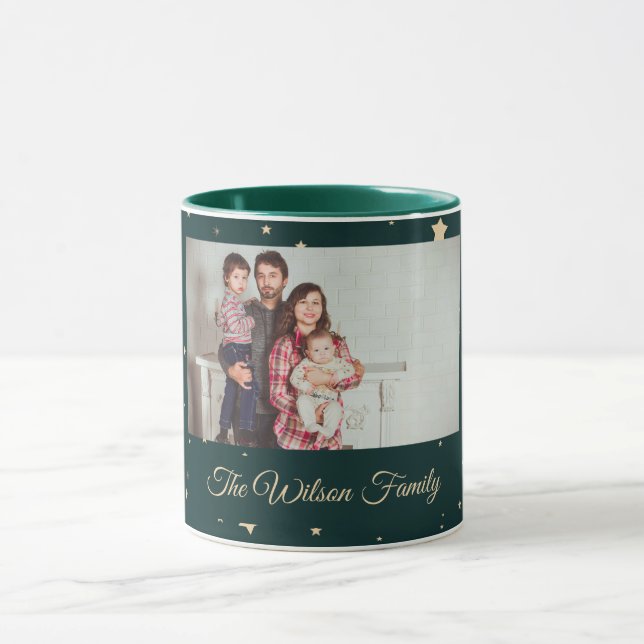 Green and Gold Starry Night  Photo Christmas Mug (Center)