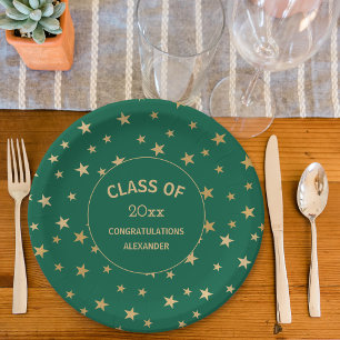 Green and Gold Stars graduation party Paper Plates