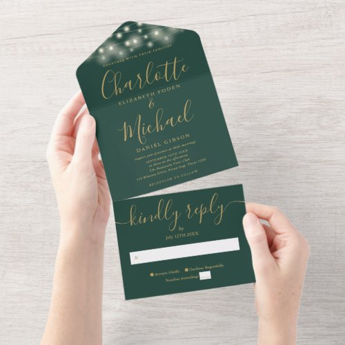 Green And Gold String Lights Modern Script Wedding All In One Invitation