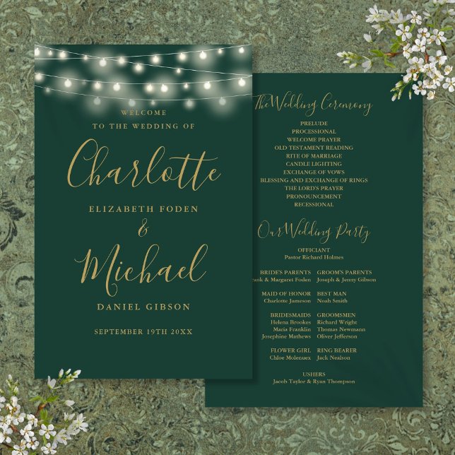 Green And Gold String Lights Wedding Program (Green And Gold String Lights Wedding Program)