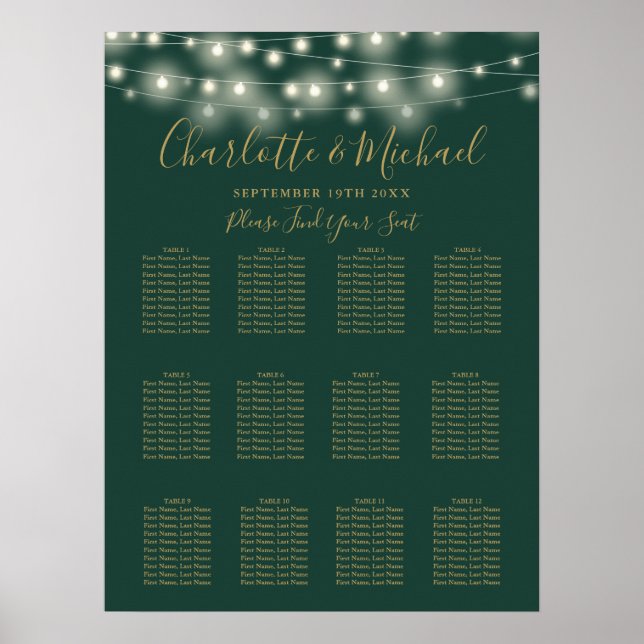 Green And Gold String Lights Wedding Seating Chart (Front)