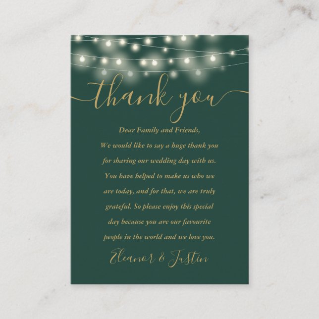 Green And Gold String Lights Wedding Thank You Place Card (Front)