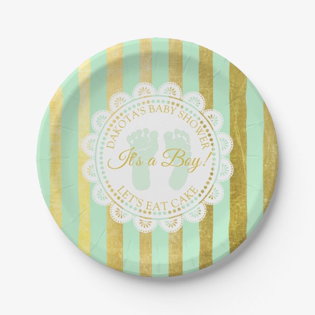 Green and Gold Striped Personalized Shower Plate (Front)