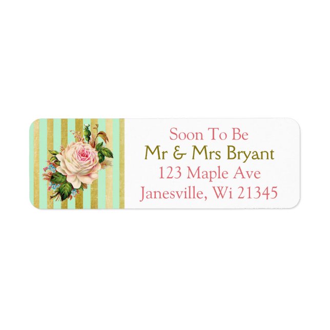 Green and Gold Striped Rose Return Address Label (Front)