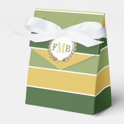 Green and gold stripes and monogram wedding favor boxes