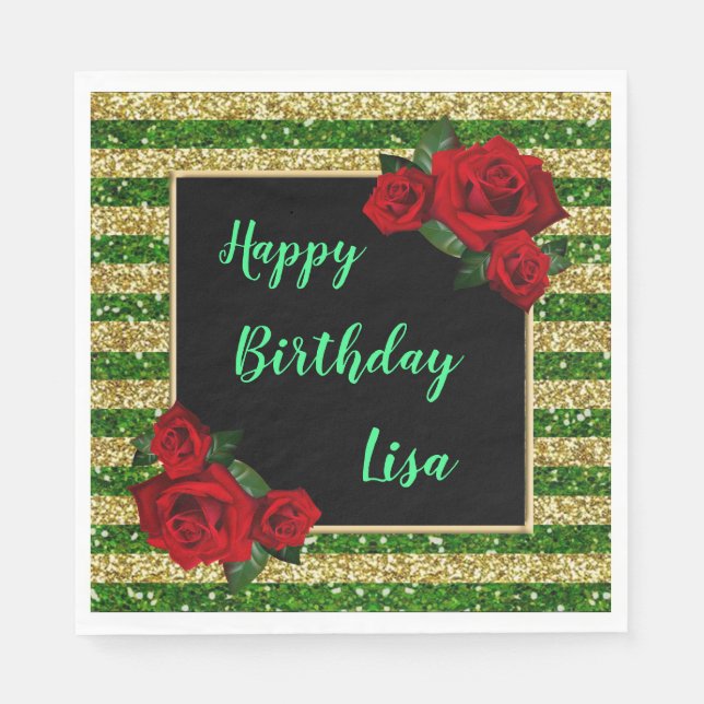 Green And Gold Stripes Glitter Red Roses Birthday Napkins (Front)