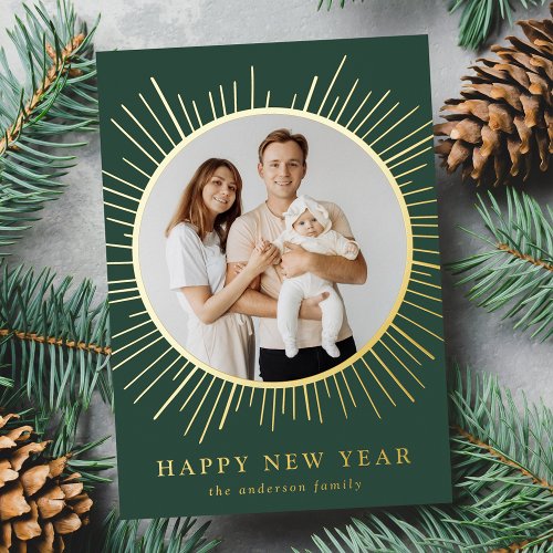 Green and Gold Sunburst Happy New Year Photo Foil Holiday Card
