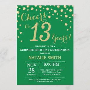Green and Gold Surprise 13th Birthday Diamond Invitation