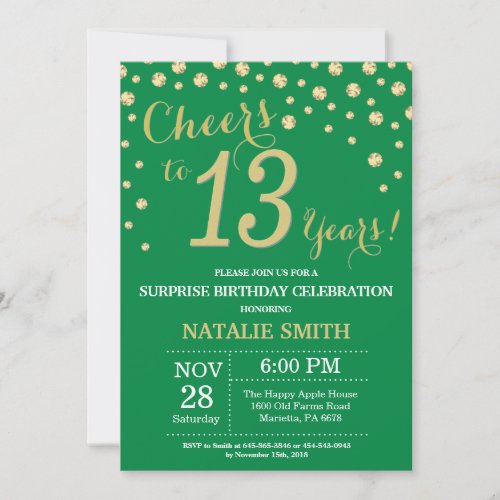 Green and Gold Surprise 13th Birthday Diamond Invitation