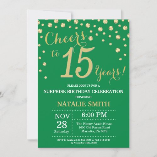 Green and Gold Surprise 15th Birthday Diamond Invitation