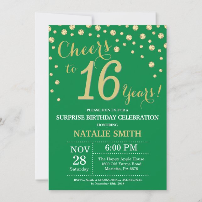 Green and Gold Surprise 16th Birthday Diamond Invitation (Front)