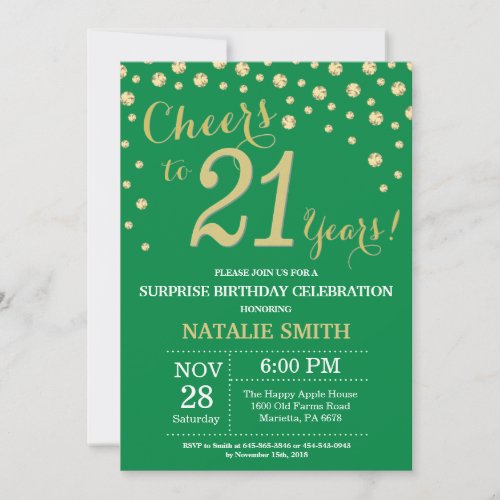 Green and Gold Surprise 21st Birthday Diamond Invitation