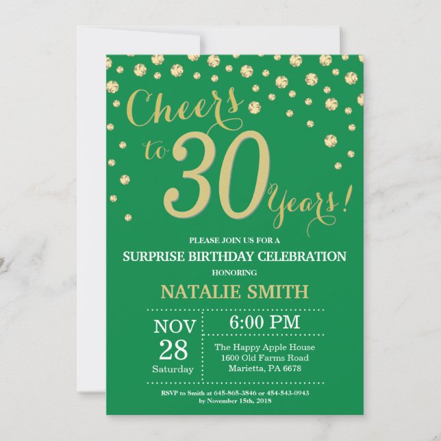 Green and Gold Surprise 30th Birthday Diamond Invitation (Front)