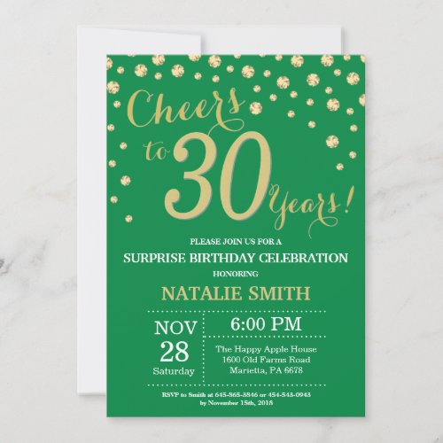 Green and Gold Surprise 30th Birthday Diamond Invitation