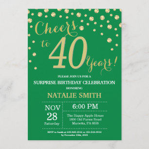 Green and Gold Surprise 40th Birthday Diamond Invitation
