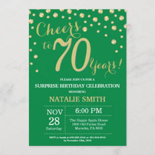 Green and Gold Surprise 70th Birthday Diamond Invitation