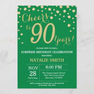 Green and Gold Surprise 90th Birthday Diamond Invitation