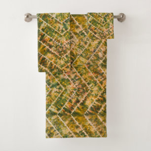 Green and Gold Tie Dye Chevron Pattern Bath Towel Set