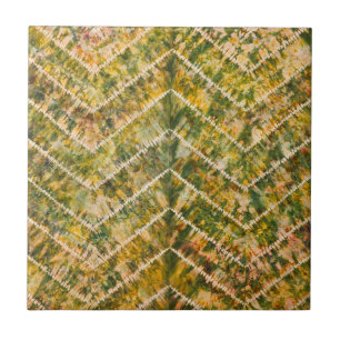 Green and Gold Tie Dye Chevron Pattern Ceramic Tile