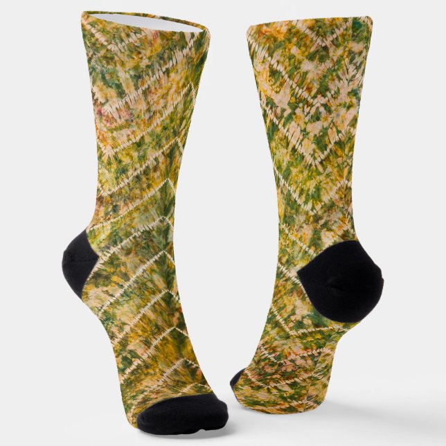 Green and Gold Tie Dye Chevron Pattern Socks (Angled)