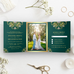 Green and Gold Traditional Mandala Indian Wedding Tri-Fold Invitation